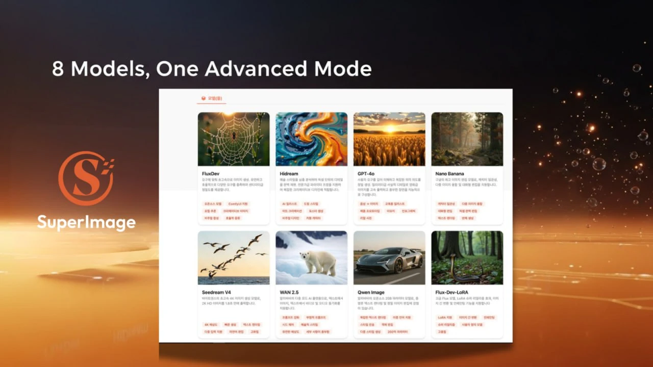 SuperImage Advanced Mode showcasing eight AI models for text-to-image generation
