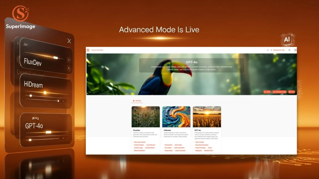 SuperImage Advanced Mode interface with FluxDev, HiDream, and GPT-4o models