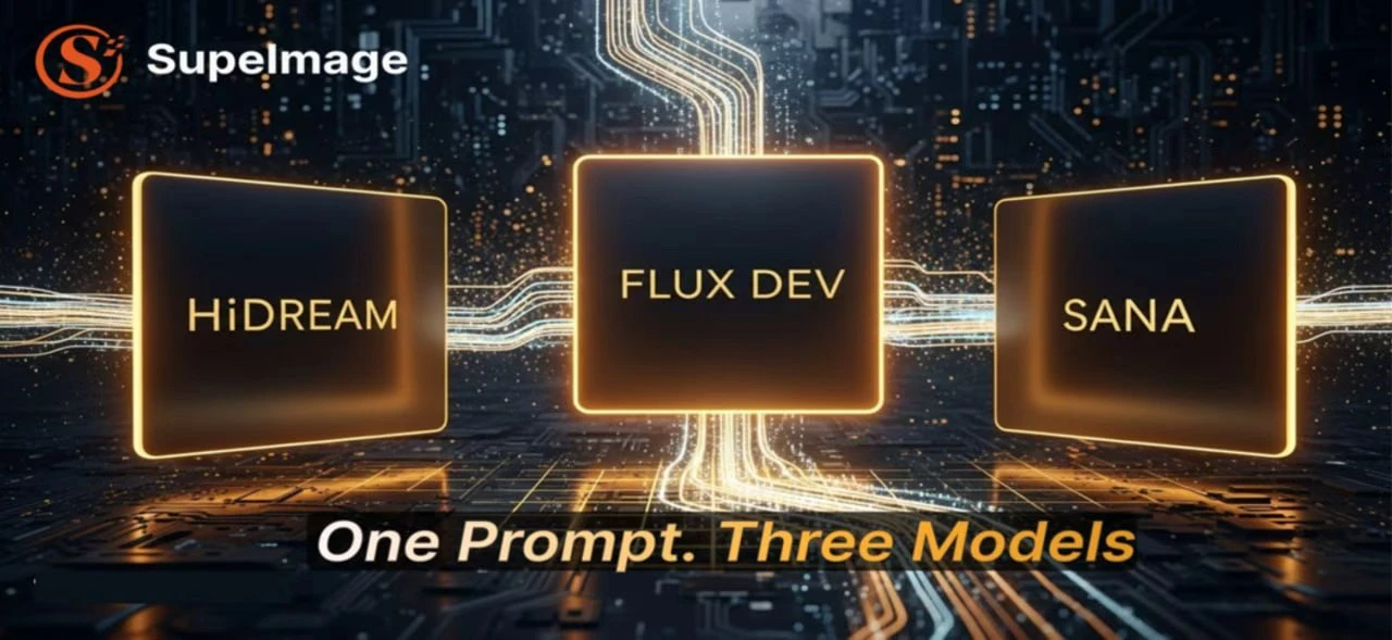 SuperImage text-to-image platform generating results from HiDream, Flux Dev, and Sana models