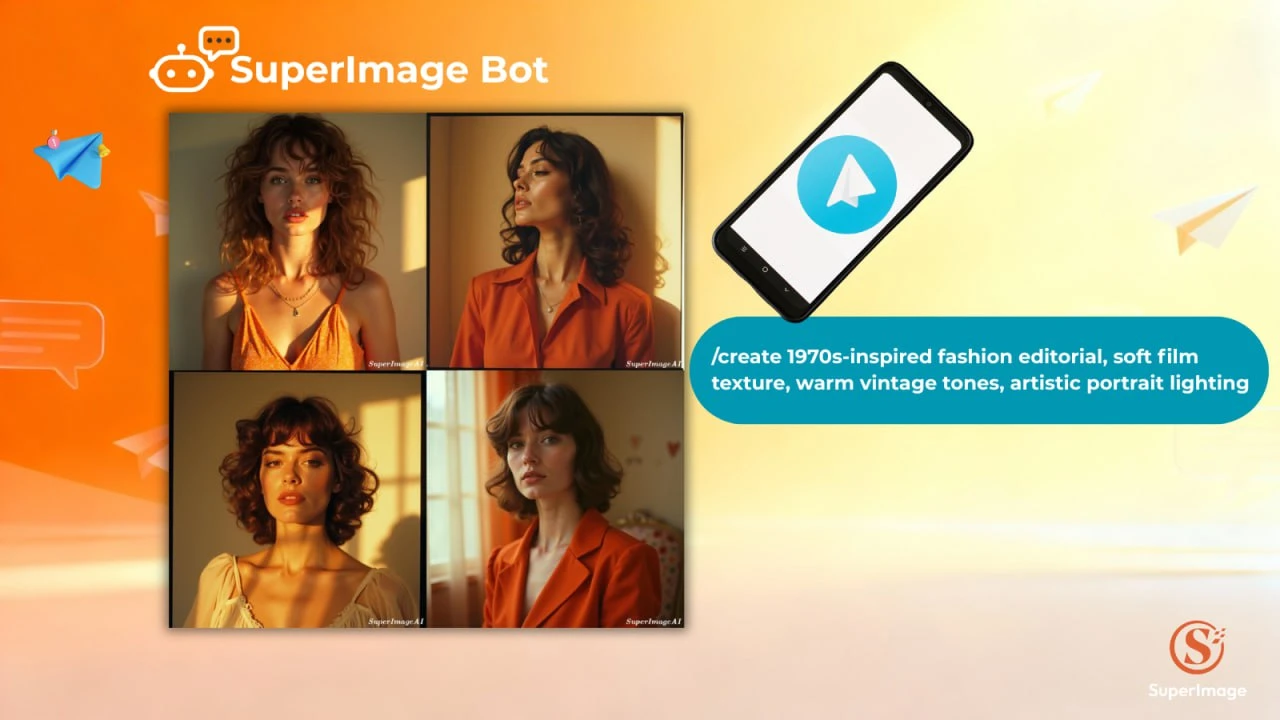 SuperImage Telegram bot showing a 4-image AI generation grid from a single text prompt